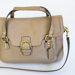 Coach Taupe/Tan/Camel Large Campbell Leather Eva Flap Satchel Purse